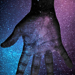 Image of a human hand overlaid with a teal and purple starfield